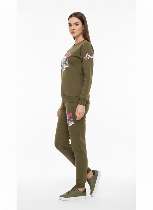 Premium Cotton FLEECE Ladies Winter Track Suit Olive Green